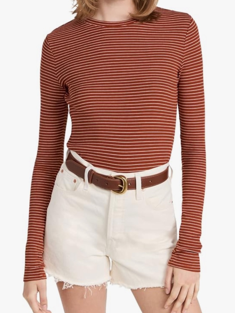 Vince Rust and Cream Striped Ribbed Long Sleeve Crew